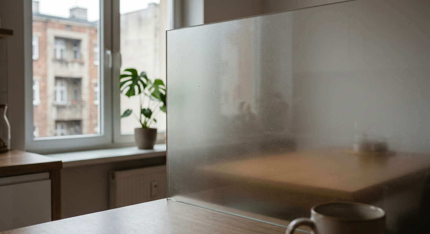 A person is cleaning a frosted glass surface with a spray bottle and a cloth, demonstrating a cleaning process.