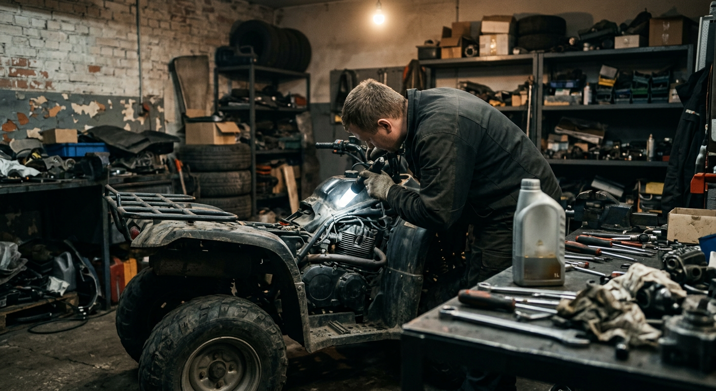 A person in protective gear is inspecting a quad bike in a garage setting.