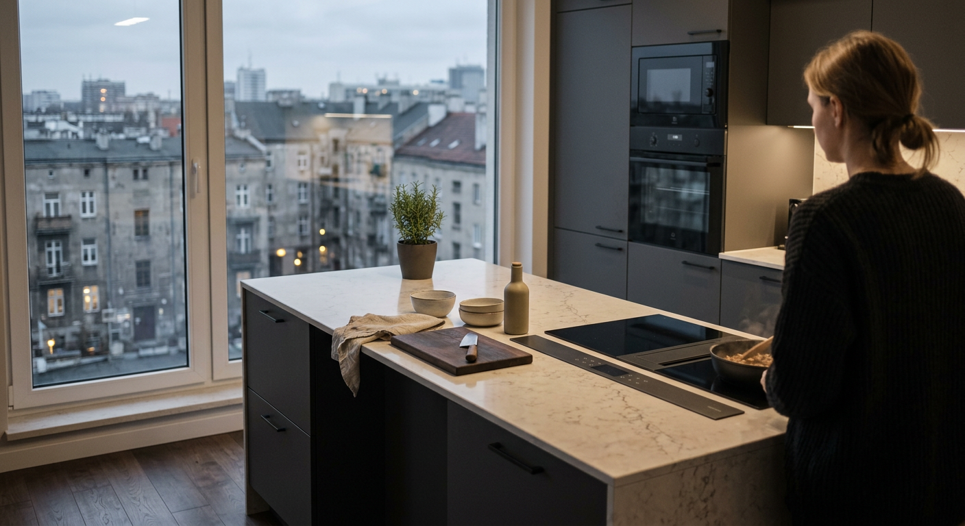 A modern kitchen with white cabinets, a&nbsp;wooden island, and a&nbsp;large window overlooking a&nbsp;city.
