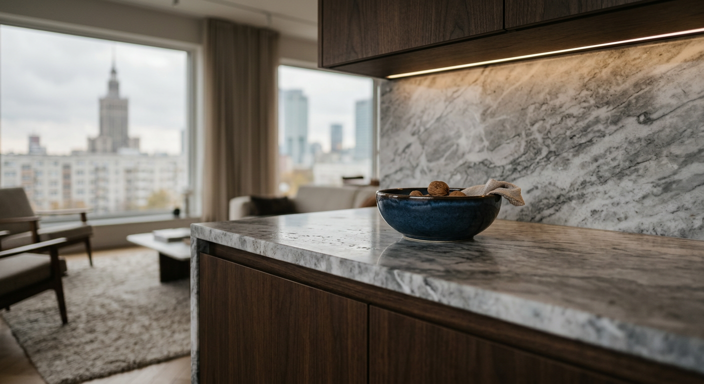 A modern kitchen with light wooden cabinets, a&nbsp;white countertop, and a&nbsp;large window overlooking a&nbsp;green landscape, featuring a&nbsp;bowl of lemons and a&nbsp;plant.