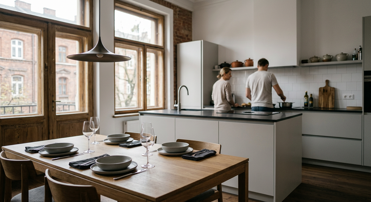 A modern kitchen with white cabinets, a&nbsp;wooden island, and a&nbsp;large window overlooking a&nbsp;city.