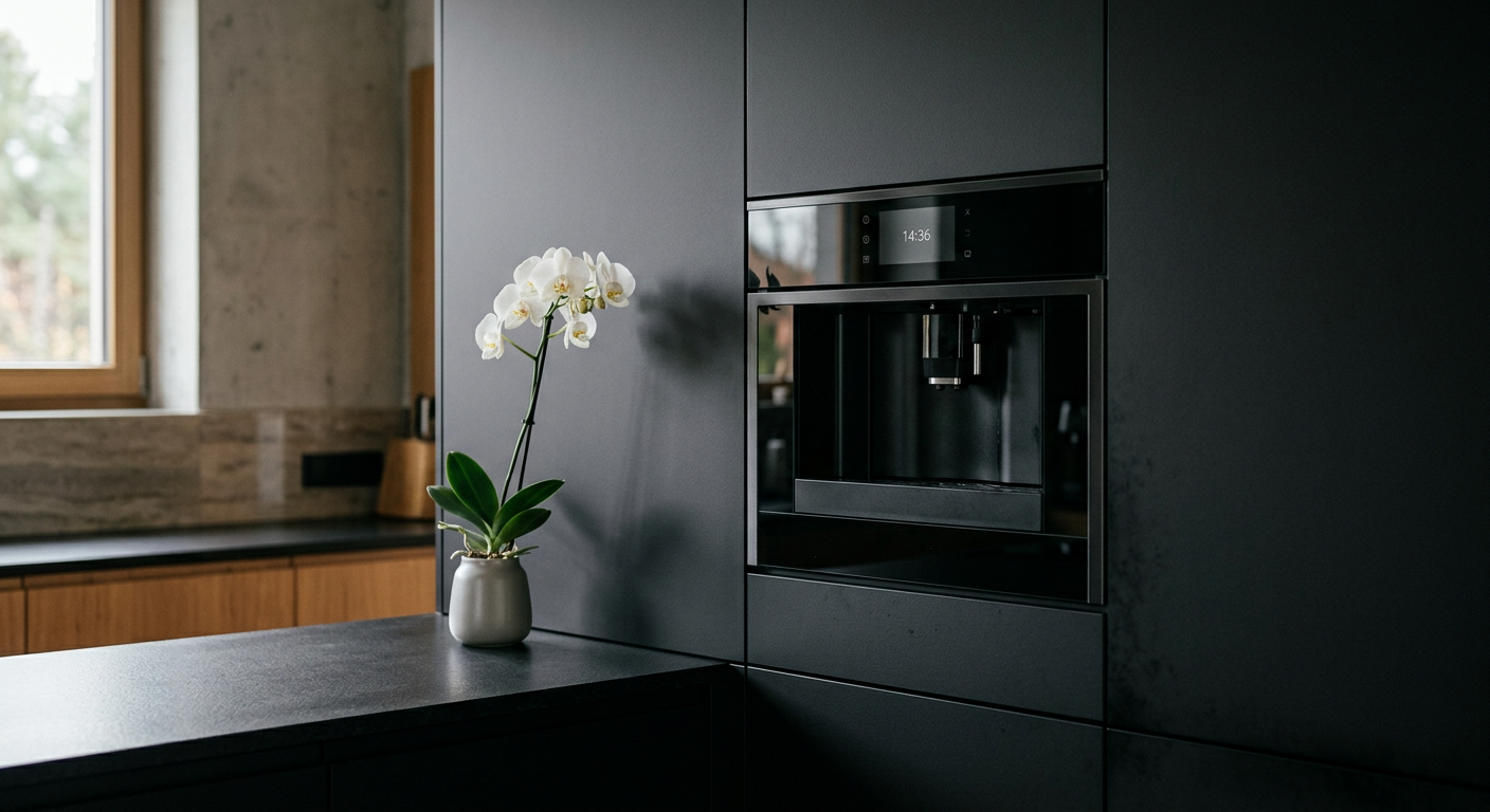 A modern kitchen with light wooden cabinets, a&nbsp;white countertop, and a&nbsp;large window, featuring a&nbsp;minimalist design.