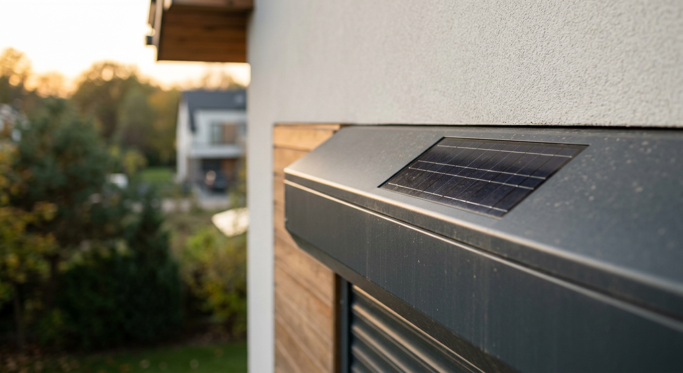 Szczegółowe ujęcie panelu słonecznego zintegrowanego z obudową elektrycznej rolety na zewnątrz nowoczesnego domu. Panel jest dyskretnie umieszczony, łapiąc światło słoneczne, a fasada domu jest czysta i współczesna. Brak widocznych przewodów czy śladów wiercenia.