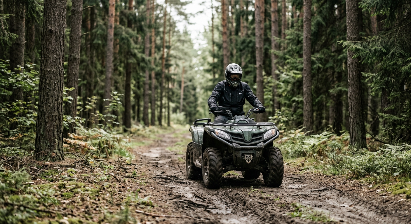 A person in protective gear is riding a quad bike on a dirt track through a forest, with sunlight filtering through the trees.