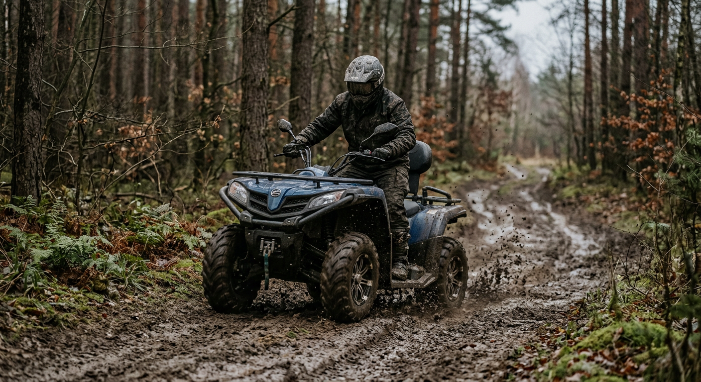 A person in protective gear is riding a quad bike through a muddy, forested trail, with sunlight filtering through the trees.