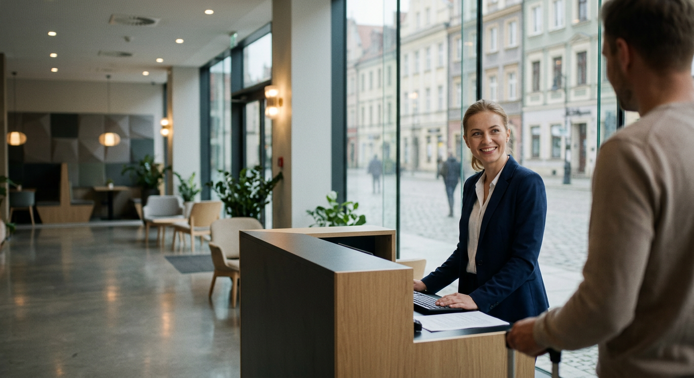 A person is looking at a tablet or phone in a modern hotel lobby with a blurred background.
