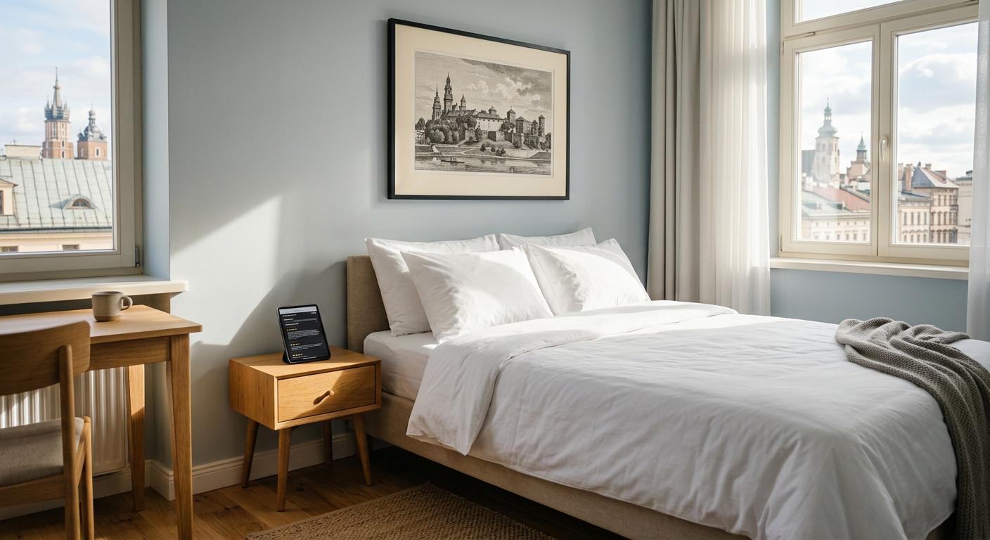 A person is sitting on a bed in a modern hotel room, looking at a tablet, with a suitcase nearby.