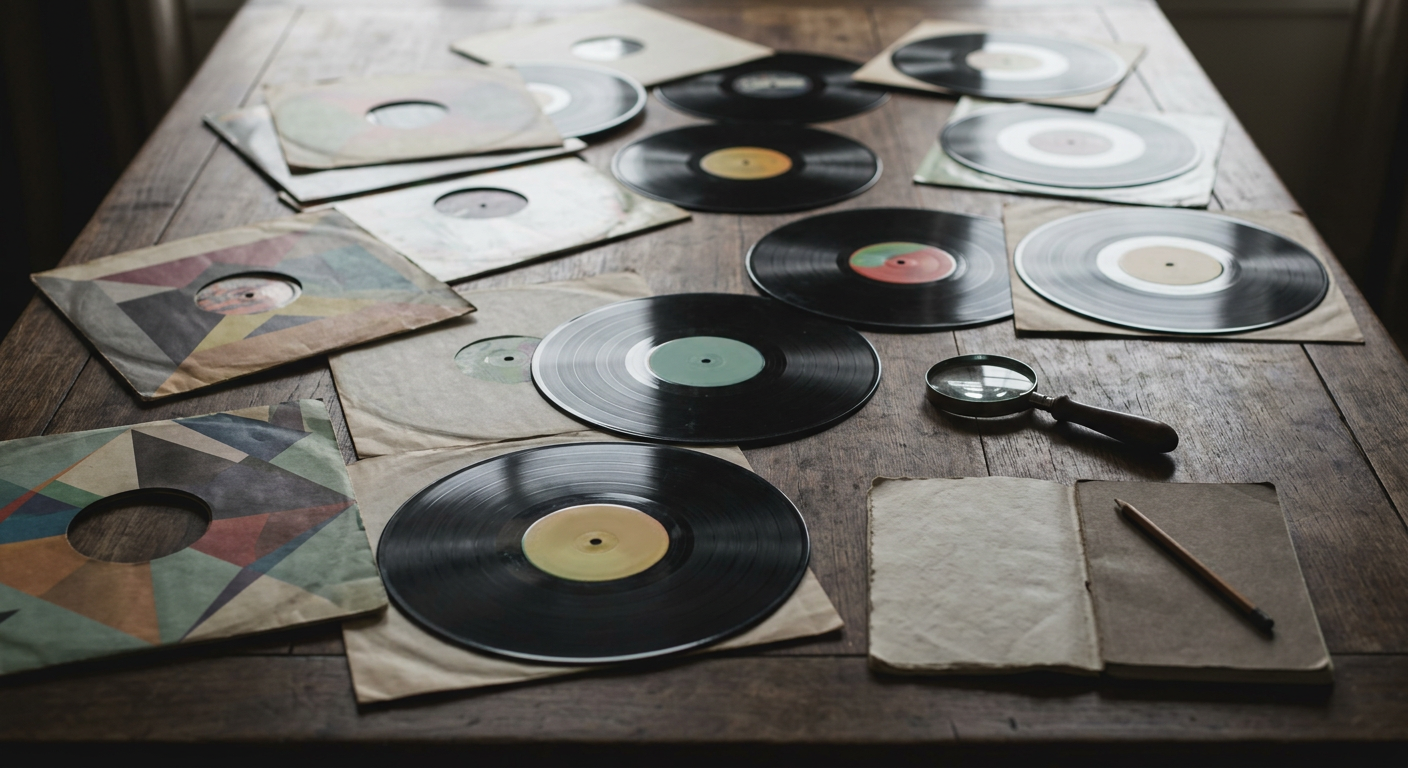 A close-up shot of a person's hands carefully browsing through a collection of vinyl records, with a blurred background suggesting a cozy, vintage-inspired setting.