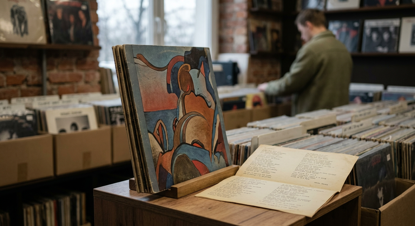 A close-up shot of a person's hands carefully browsing through a collection of vinyl records, with a blurred background suggesting a cozy, vintage-inspired setting.