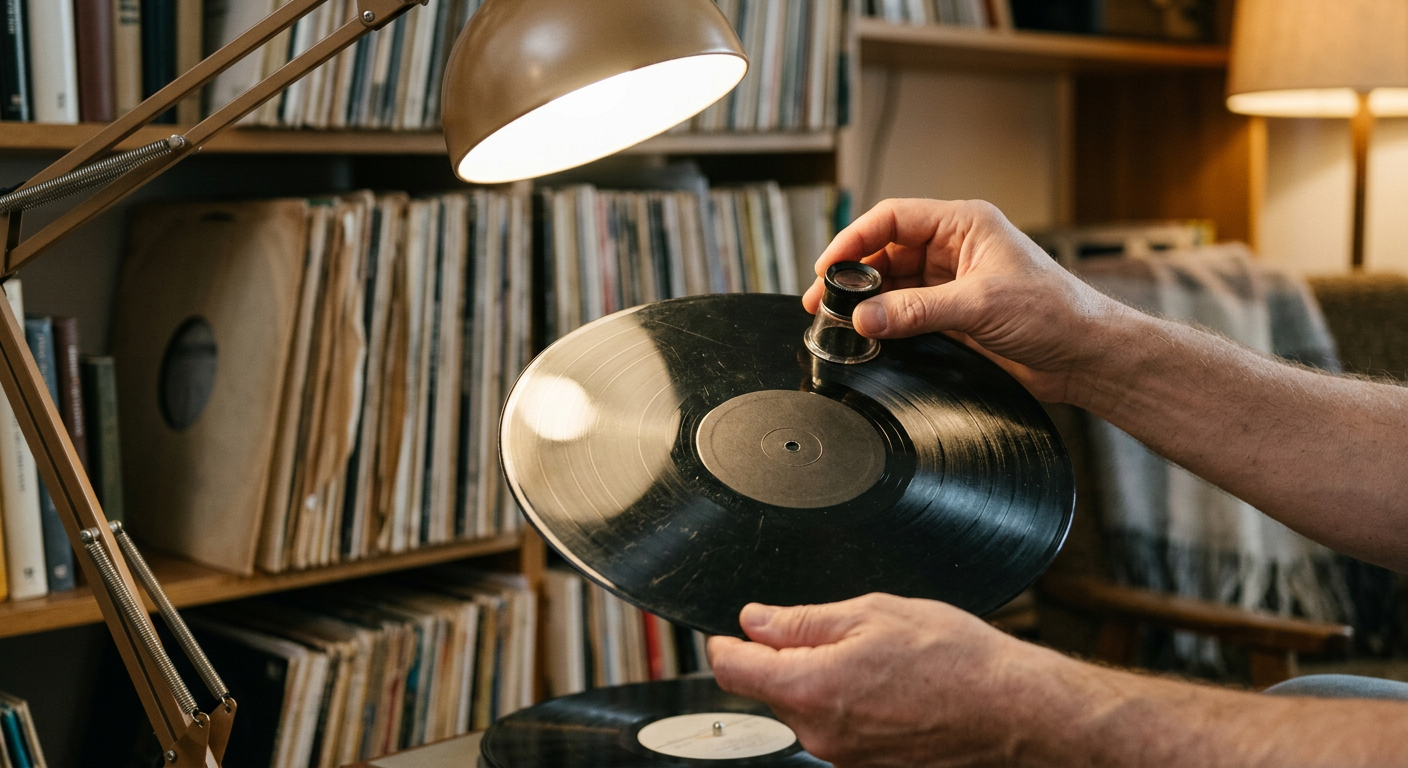 A person is holding a vinyl record, examining it closely, with other records blurred in the background.
