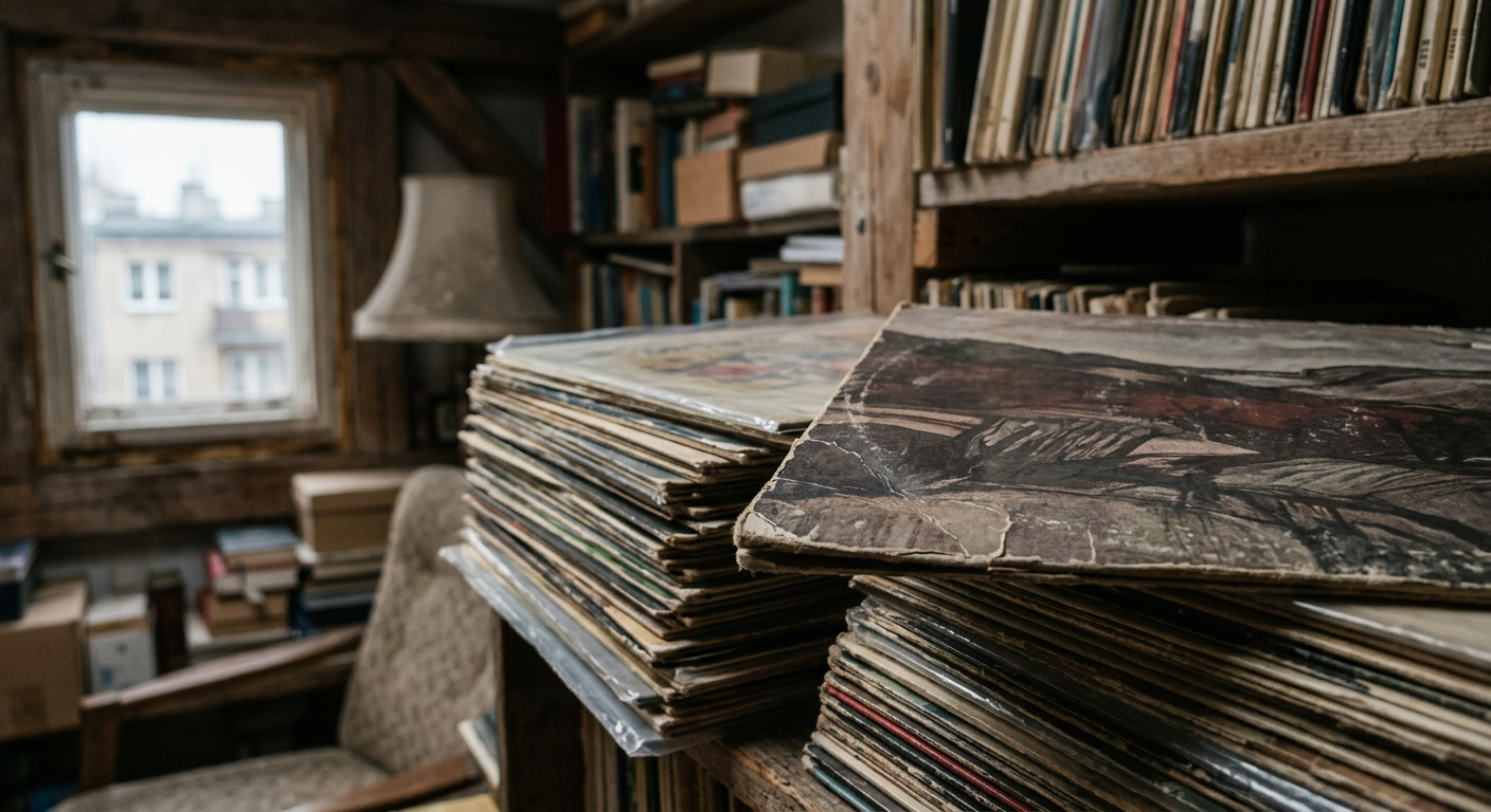 A close-up shot of a person's hands carefully holding and examining a vinyl record, with other records blurred in the background.