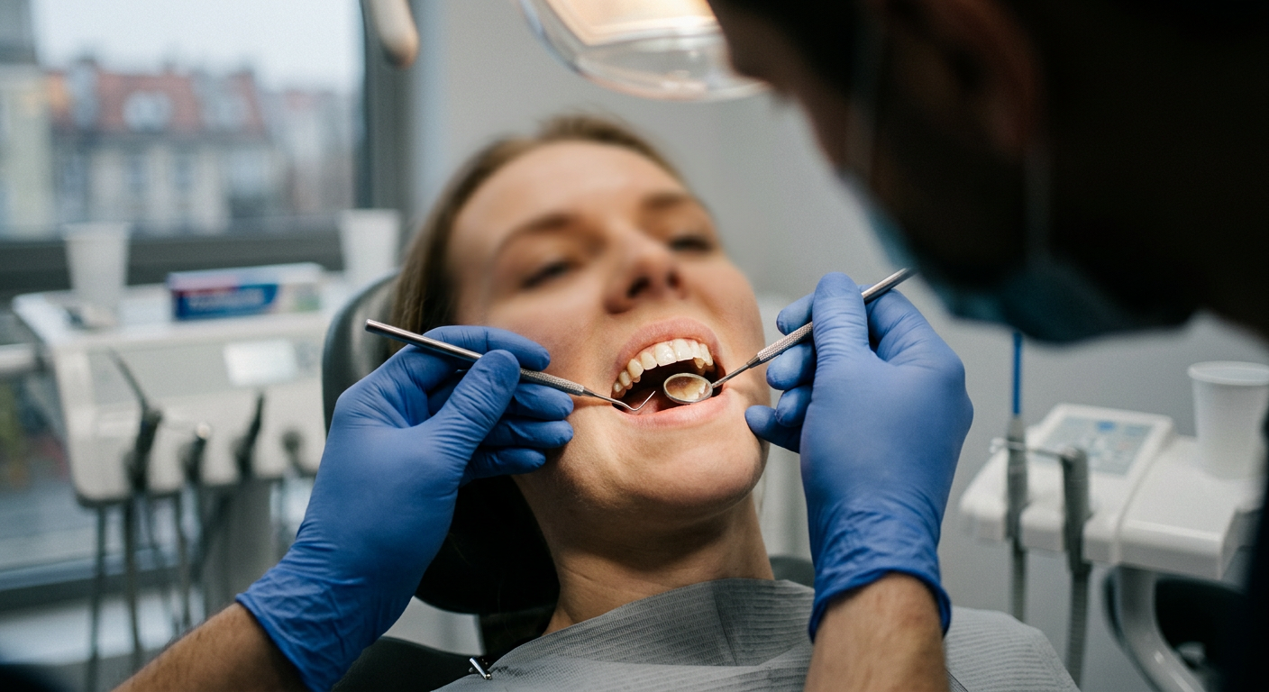 A close-up shot of a person's mouth with perfectly aligned and bright white teeth, suggesting dental work.