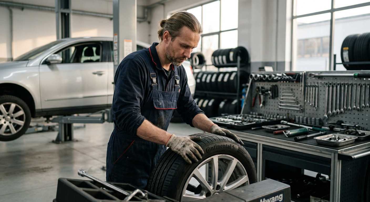 Mechanik w czystym, dobrze oświetlonym warsztacie samochodowym ostrożnie montuje nową oponę na feldze samochodowej. Różne narzędzia są starannie ułożone na pobliskim stole warsztatowym. Samochód jest częściowo widoczny, podniesiony na podnośniku hydraulicznym.