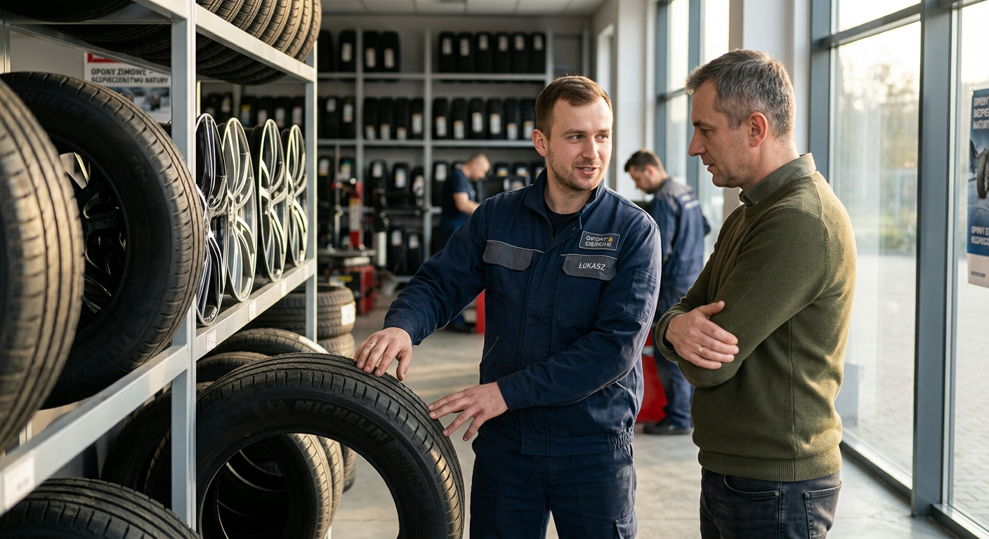 Klient stoi przed ekspozycją różnych opon i felg samochodowych w nowoczesnym sklepie oponiarskim. Sprzedawca, ubrany w uniform, wskazuje na konkretną oponę, wyjaśniając jej cechy. Sklep jest jasno oświetlony, z rzędami opon i felg starannie ułożonych na półkach.