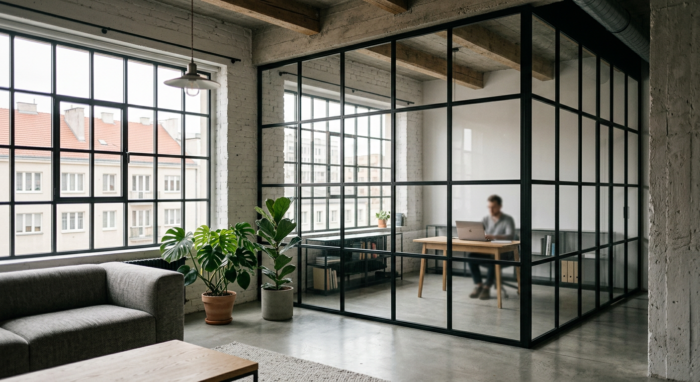 A modern industrial-style living space features a dark metal-framed loft partition with glass panels, a concrete wall, and minimalist furniture.