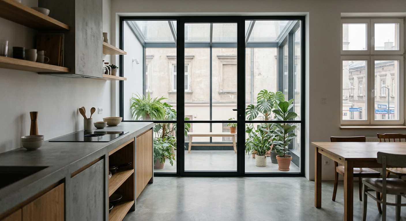 The image displays a modern industrial-style living space featuring a black-framed loft partition, a concrete wall, and minimalist furniture.