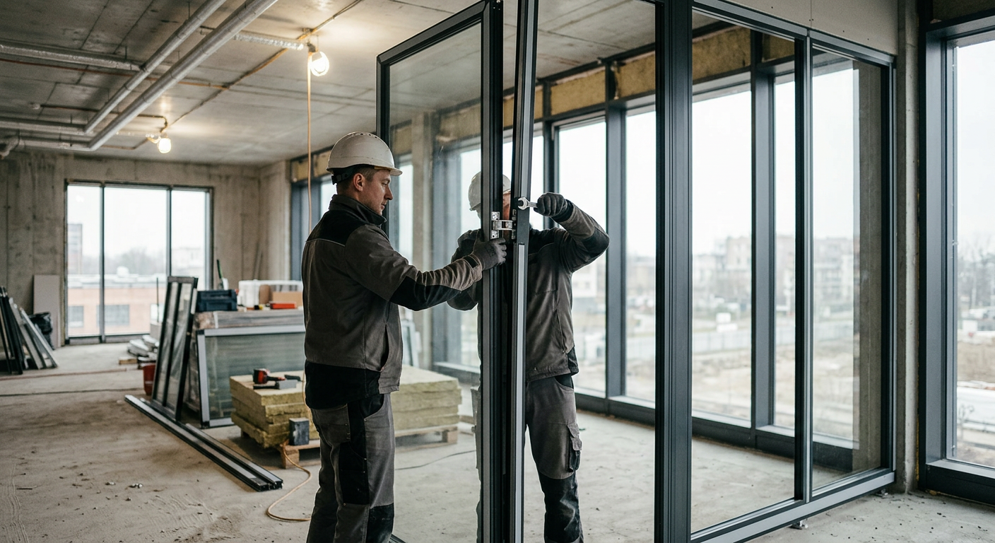The image displays a modern industrial-style living space featuring a black-framed loft partition, a concrete wall, and minimalist furniture.