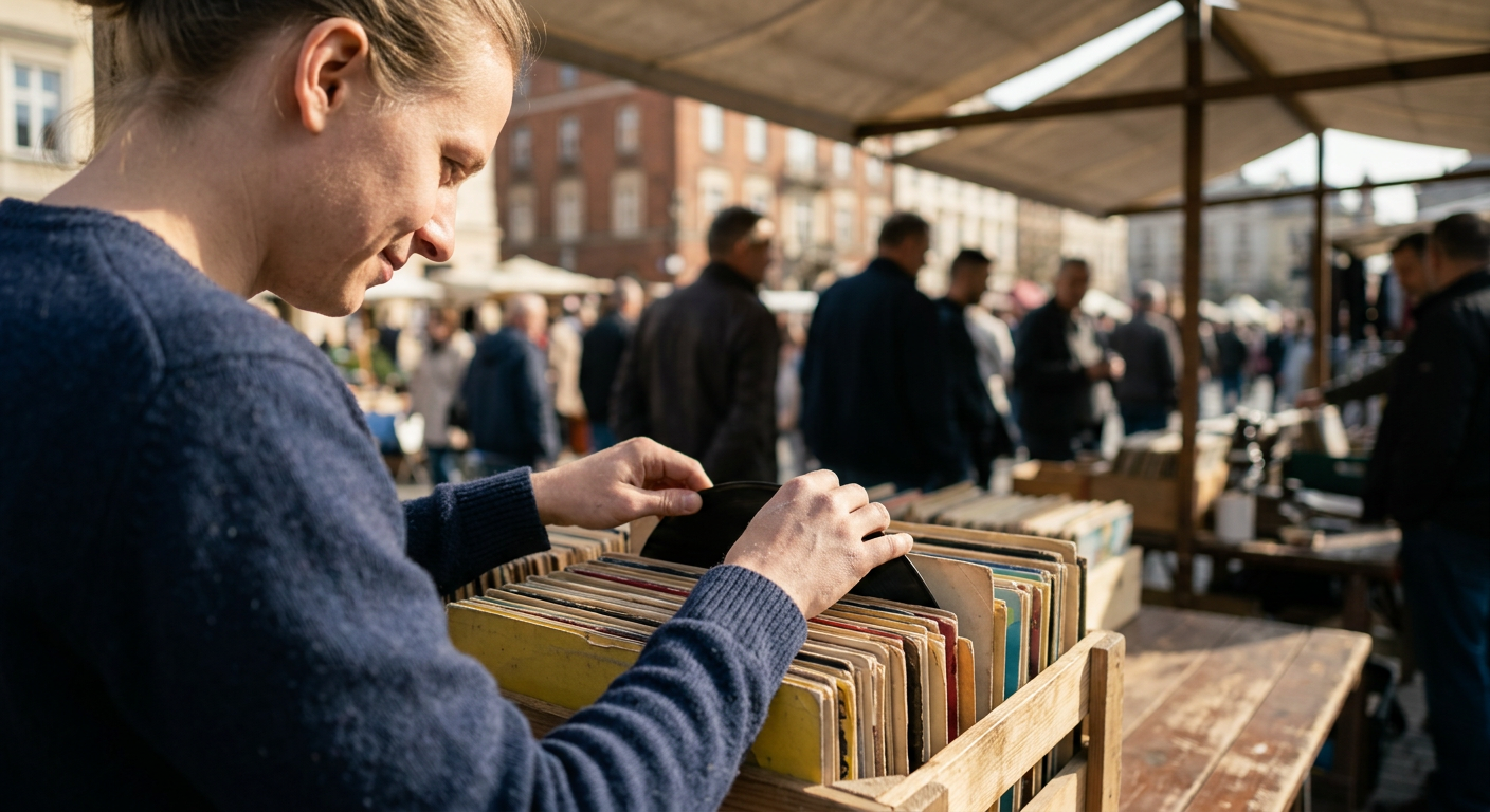 A close-up shot of a hand carefully browsing through a collection of vinyl records, with a blurred background of more records.