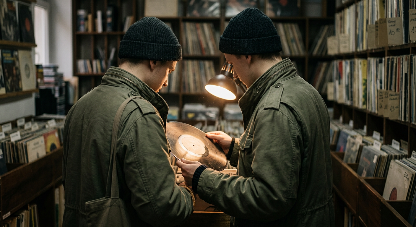 A close-up shot of a hand carefully browsing through a collection of vinyl records, with a blurred background of more records.