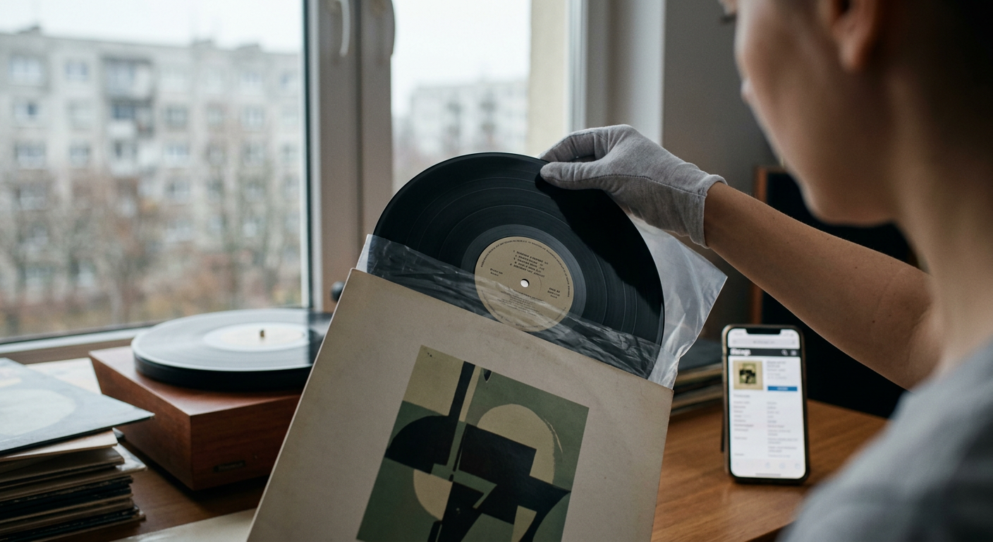 A close-up shot of a person's hands carefully browsing through a collection of vinyl records in a dimly lit, cozy setting.
