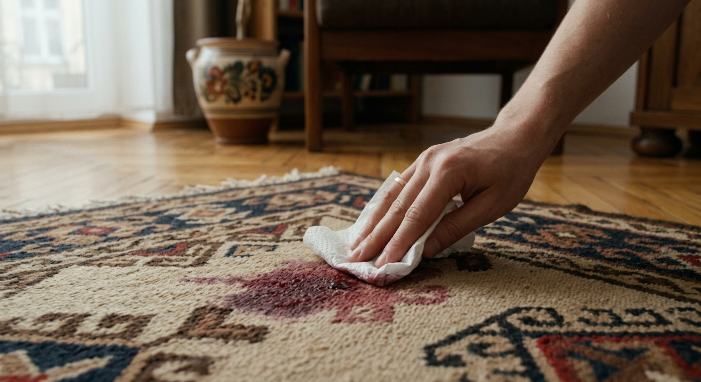 A person is cleaning a stain on a light-colored carpet with a white cloth and a spray bottle, with cleaning products visible in the background.