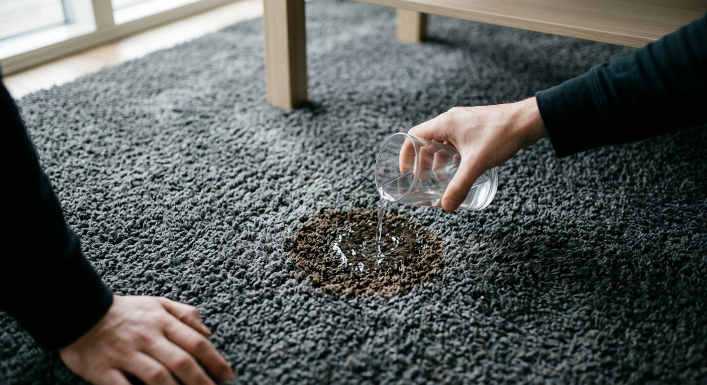 A person is kneeling on a carpet, gently dabbing a fresh stain with a white cloth, with cleaning products visible in the background.