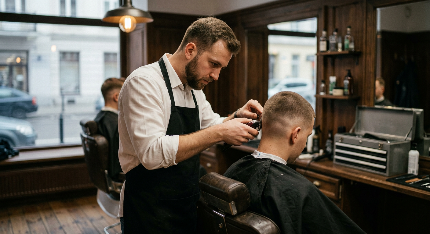 A man with a buzz cut is looking directly at the camera, showcasing his haircut.