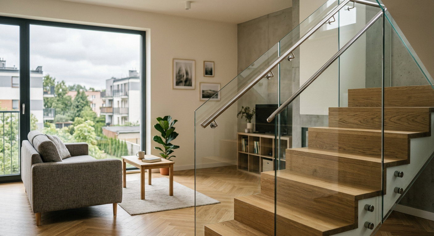 A modern interior features a sleek glass balustrade alongside a wooden staircase, with natural light illuminating the space.