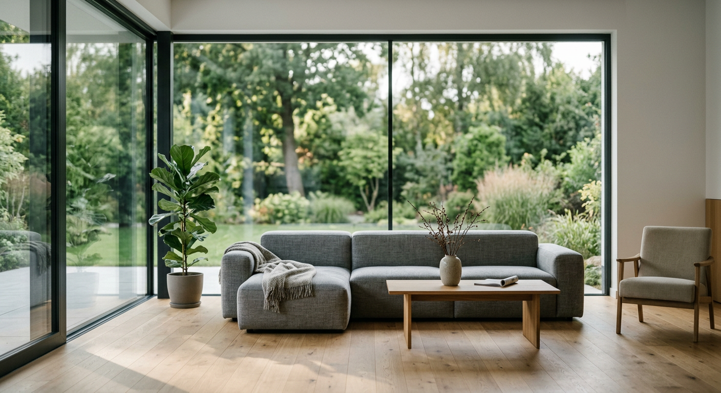 The image displays a modern, minimalist interior with a large window overlooking a city skyline at dusk, emphasizing the window's design and view.