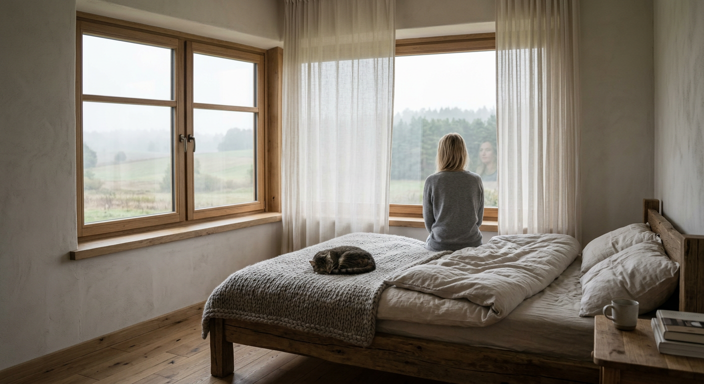 The image displays a modern, minimalist living room with large, sleek windows that offer a view of a city skyline at dusk.
