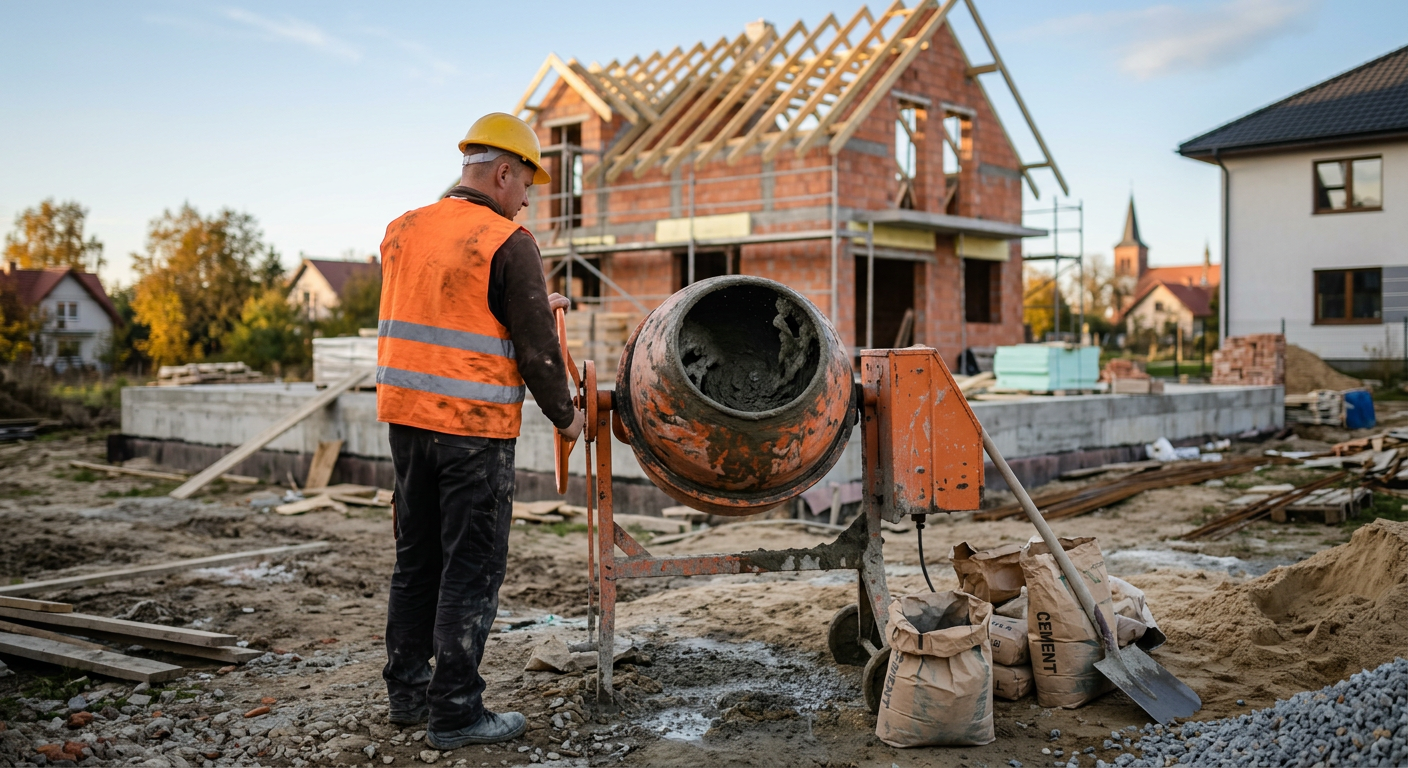 The image shows a close-up of a concrete mixer truck pouring concrete into a foundation, with construction workers in the background.