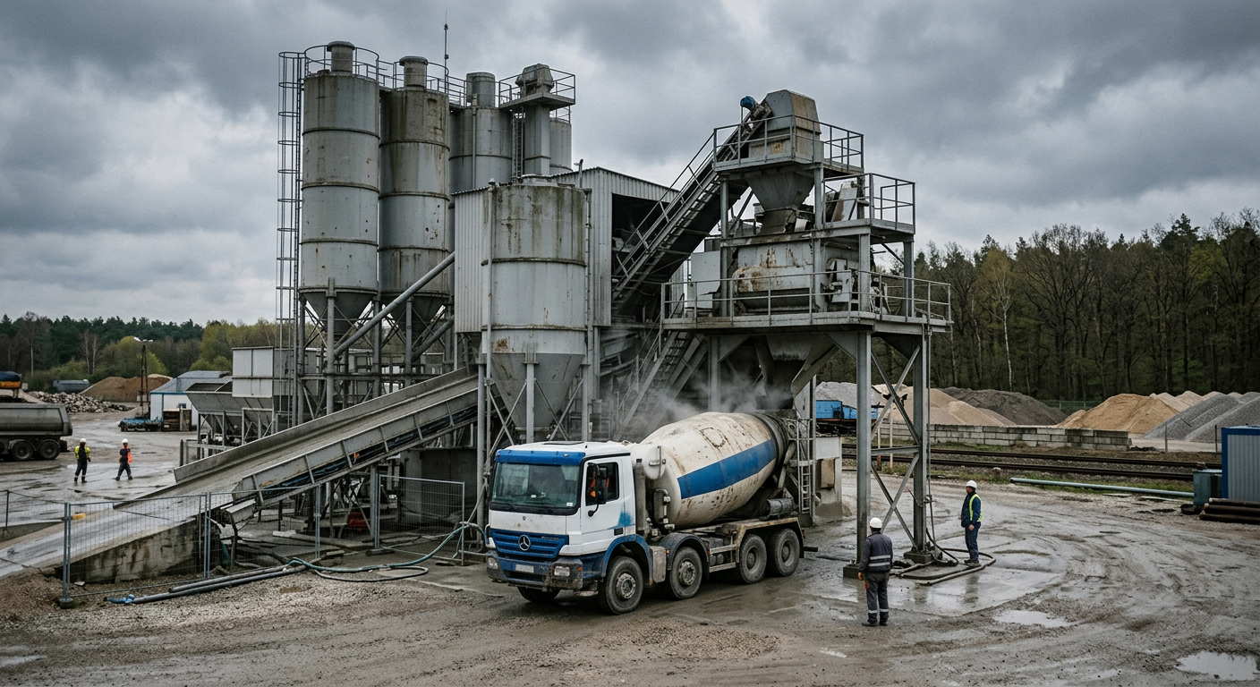 The image shows a close-up of a concrete mixer truck pouring concrete onto a construction site, with a worker in the background.