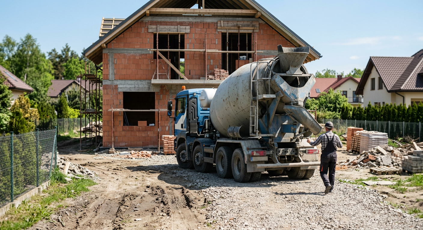 The image shows a close-up of a concrete mixer truck pouring concrete onto a construction site, with a worker in the background.