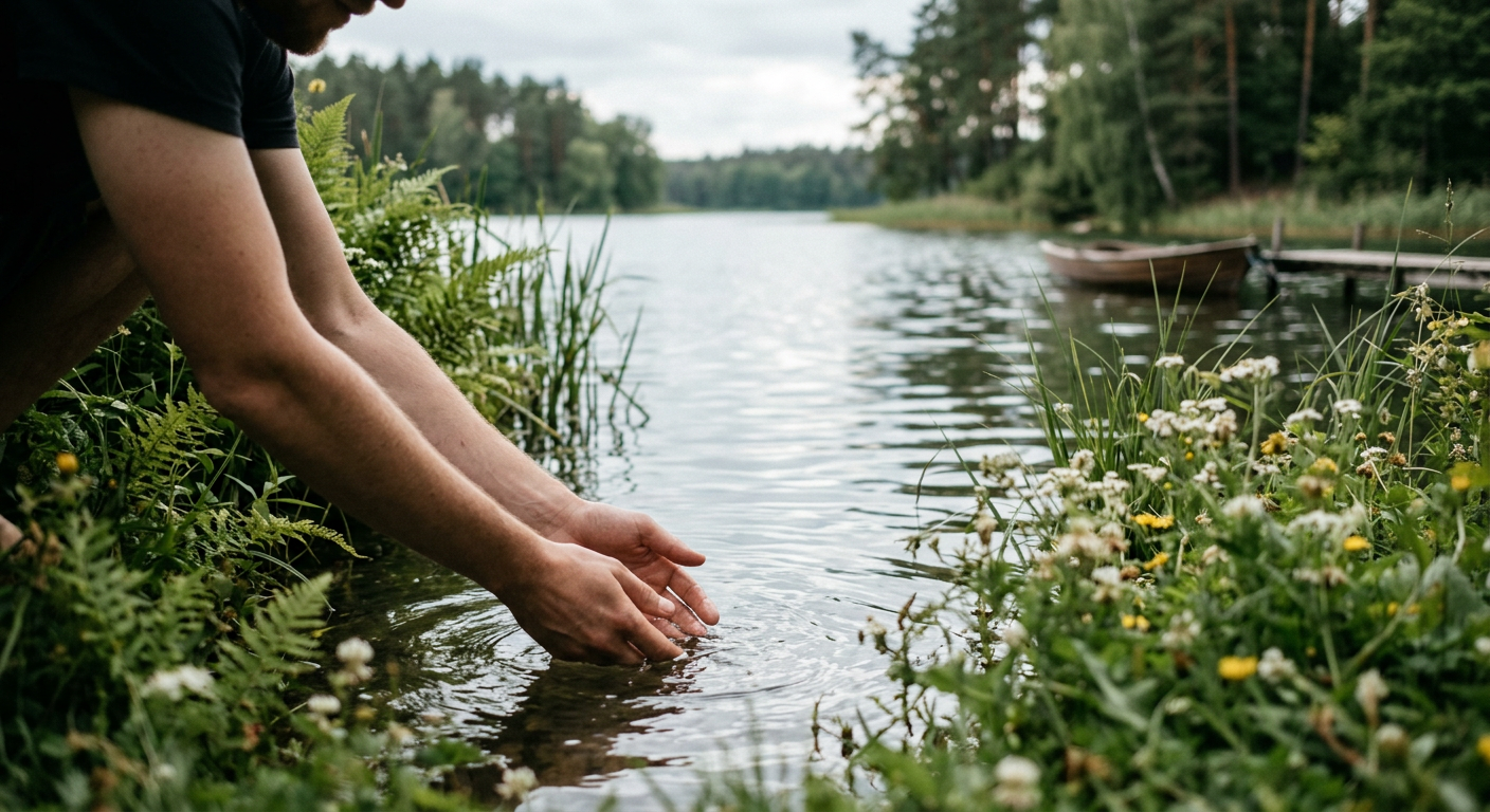 A person is kayaking alone on a calm lake surrounded by lush green trees under a bright sky, evoking a sense of peaceful solitude.