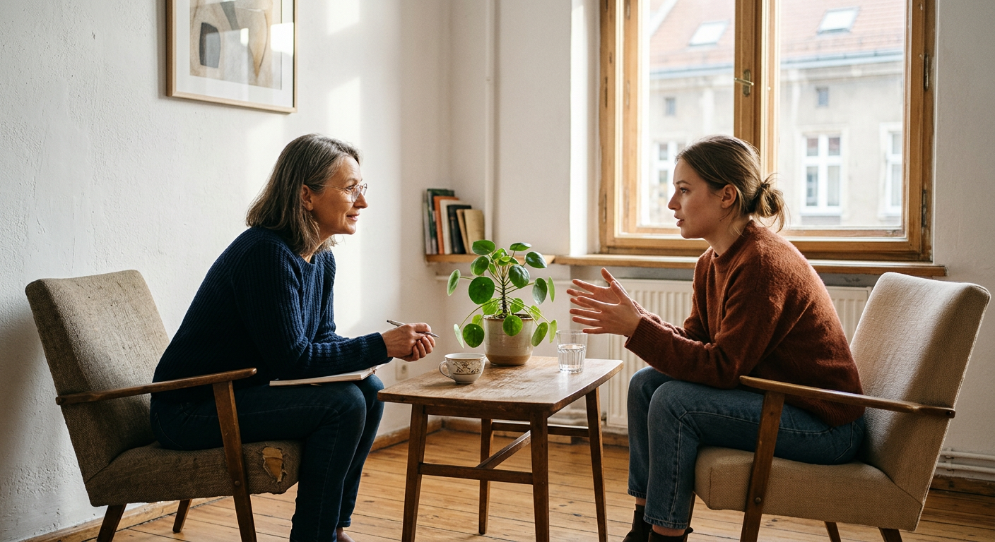 Dwie osoby, terapeuta i klient, siedzą naprzeciwko siebie w jasnym, minimalistycznym pokoju. Terapeuta lekko pochyla się do przodu, nawiązując kontakt wzrokowy, podczas gdy klient gestykuluje rękami, jakby wyjaśniał coś głęboko odczuwanego. Pomiędzy nimi stoi doniczkowa roślina na małym stoliku.
