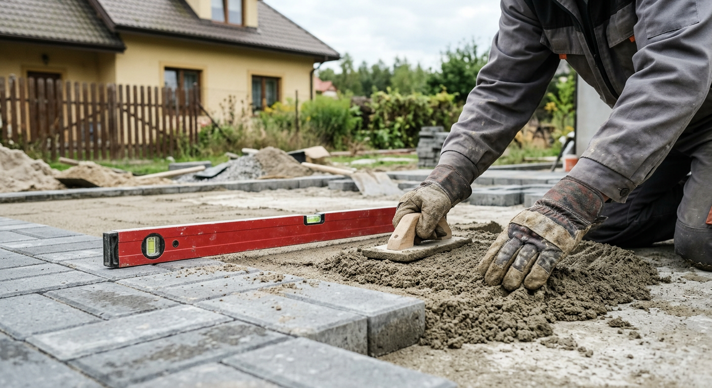A close-up shot of hands laying paving stones on a prepared surface, with a trowel and spirit level nearby.