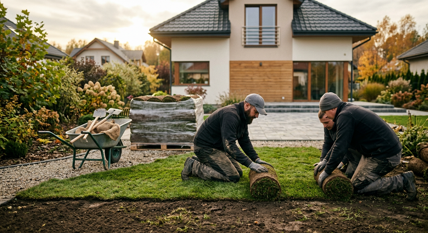 A close-up shot shows a person's hands carefully unrolling a section of lush green turf onto a prepared ground.