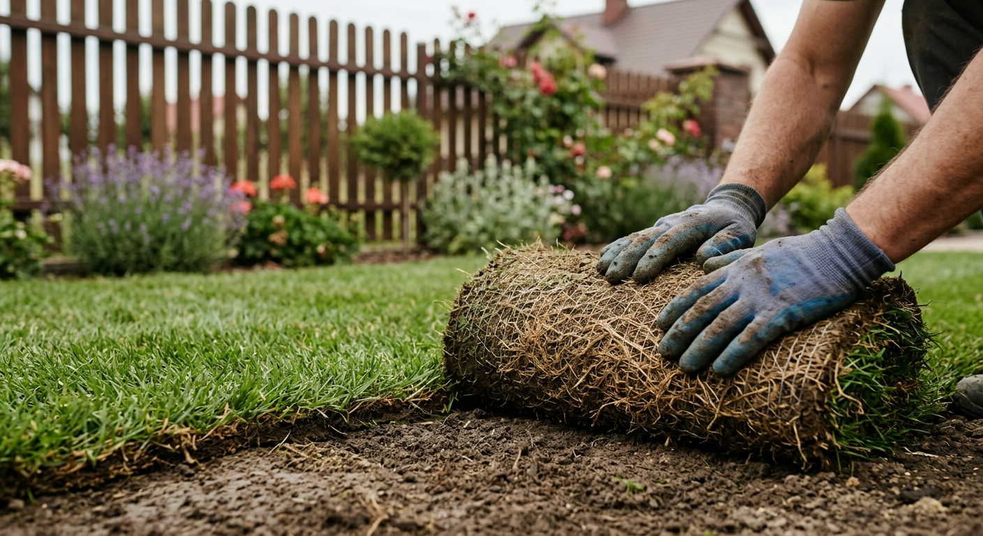A close-up shot shows a person's hands unrolling a section of vibrant green rolled turf onto a prepared ground.