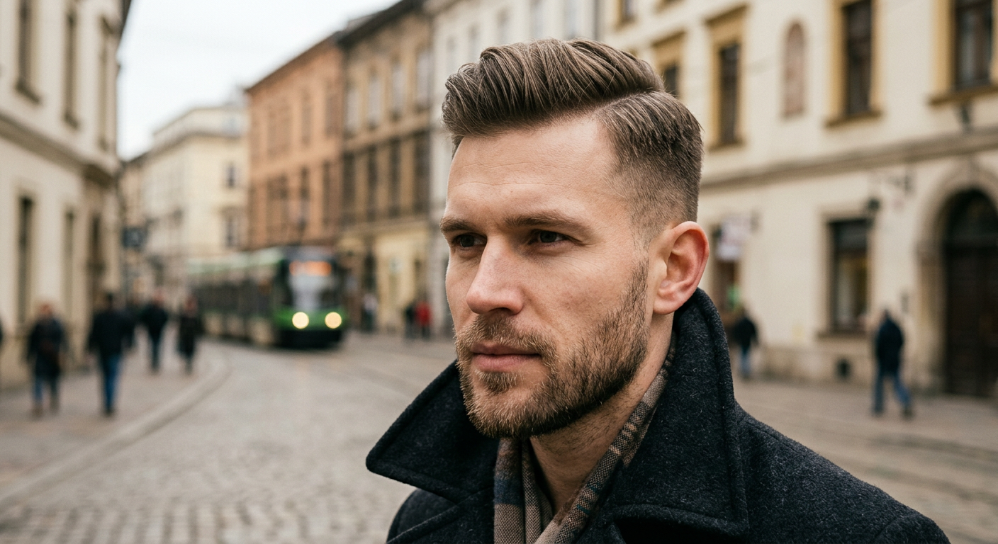 A woman with a strong, square jawline is shown with a stylish, layered haircut that frames her face.