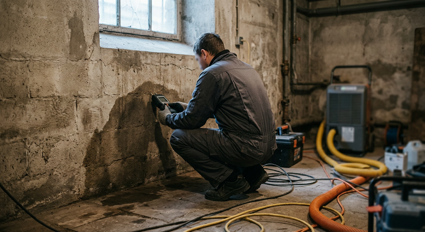 The image shows a person in a flooded basement, using a pump to remove water, with water stains visible on the walls.