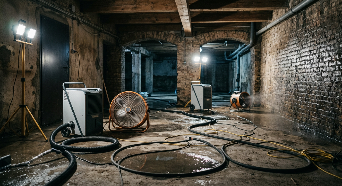 The image shows a person in a flooded basement, using a pump to remove water, with water stains visible on the walls.