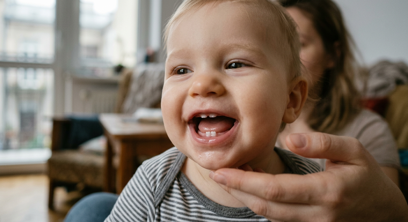 A close-up image shows a baby's mouth with visible teeth, suggesting a dental health context.