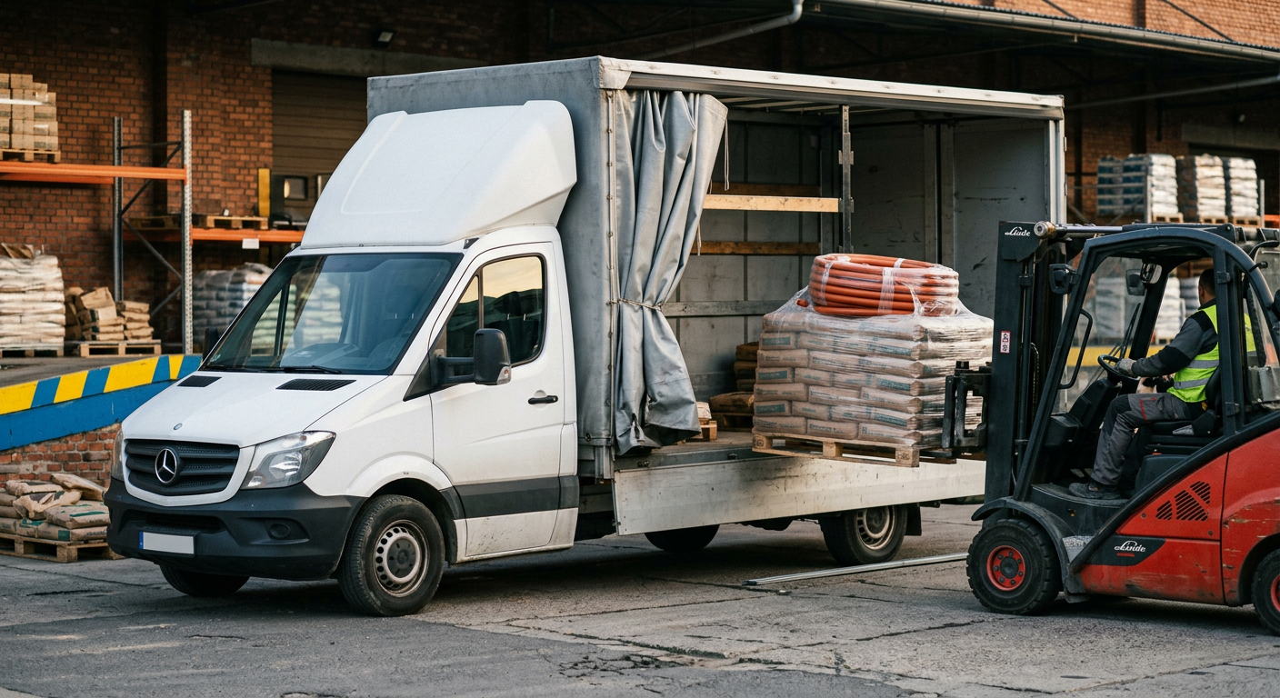 Biały Mercedes Sprinter z szarą plandeką na pace stoi przy rampie załadunkowej. Wózek widłowy ładuje dużą drewnianą paletę z materiałami budowlanymi na bok furgonetki, z częściowo zwiniętą plandeką. Scena jest jasno oświetlona, sugerując dzień.