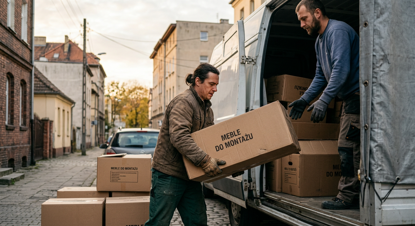 Dwóch pracowników ręcznie ładuje duże, płaskie pudła z meblami do tyłu białej furgonetki dostawczej z szarą plandeką. Tylna część plandeki jest zwinięta, ukazując przestronną przestrzeń ładunkową. Pracownicy mają na sobie rękawice robocze i codzienne ubrania, a załadunek odbywa się przed domem mieszkalnym.