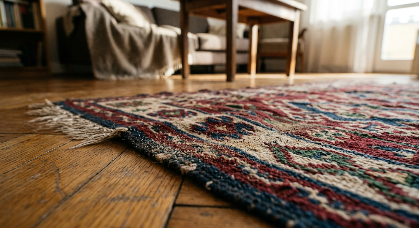 A close-up shot shows a person's hands gently cleaning a section of a light-colored carpet with a brush and cleaning solution, emphasizing the act of maintenance.