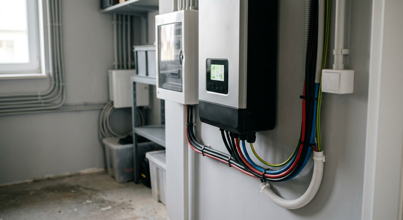 The image shows a modern, clean energy storage facility with rows of battery units and an inverter, suggesting a focus on renewable energy solutions.