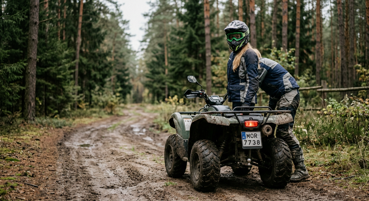 A person in protective gear is riding an ATV through a muddy, forested off-road track, kicking up dirt and water.