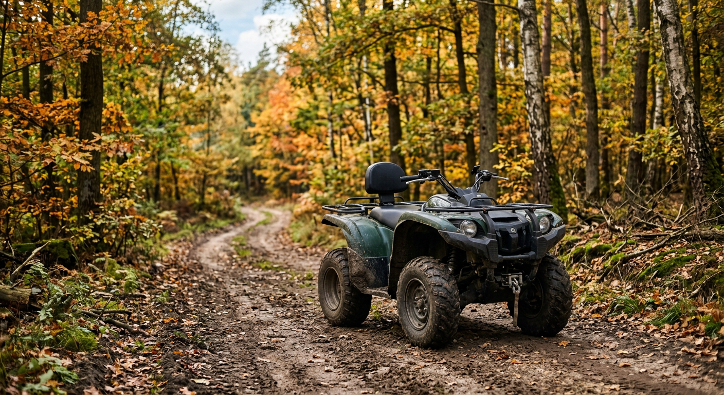 A person in a helmet and protective gear is riding an ATV through a muddy, forested off-road track, with splashes of mud visible.