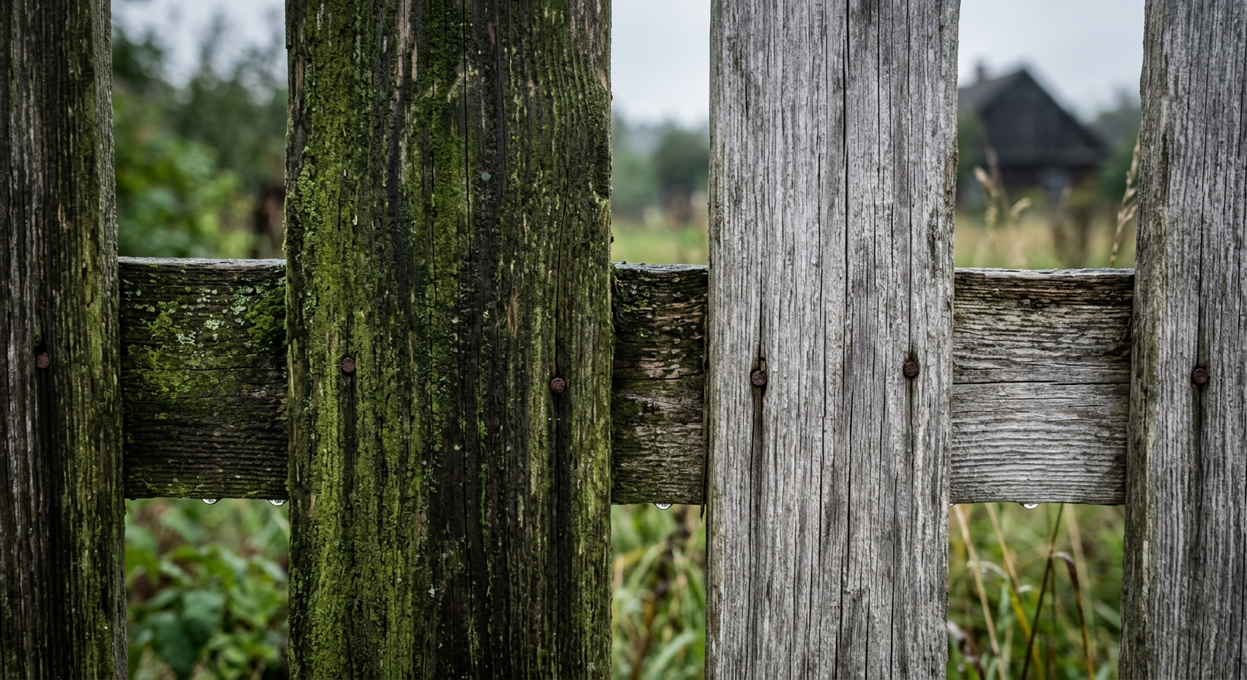 A close-up shot shows a hand applying a protective coating to a wooden fence, highlighting the maintenance aspect.