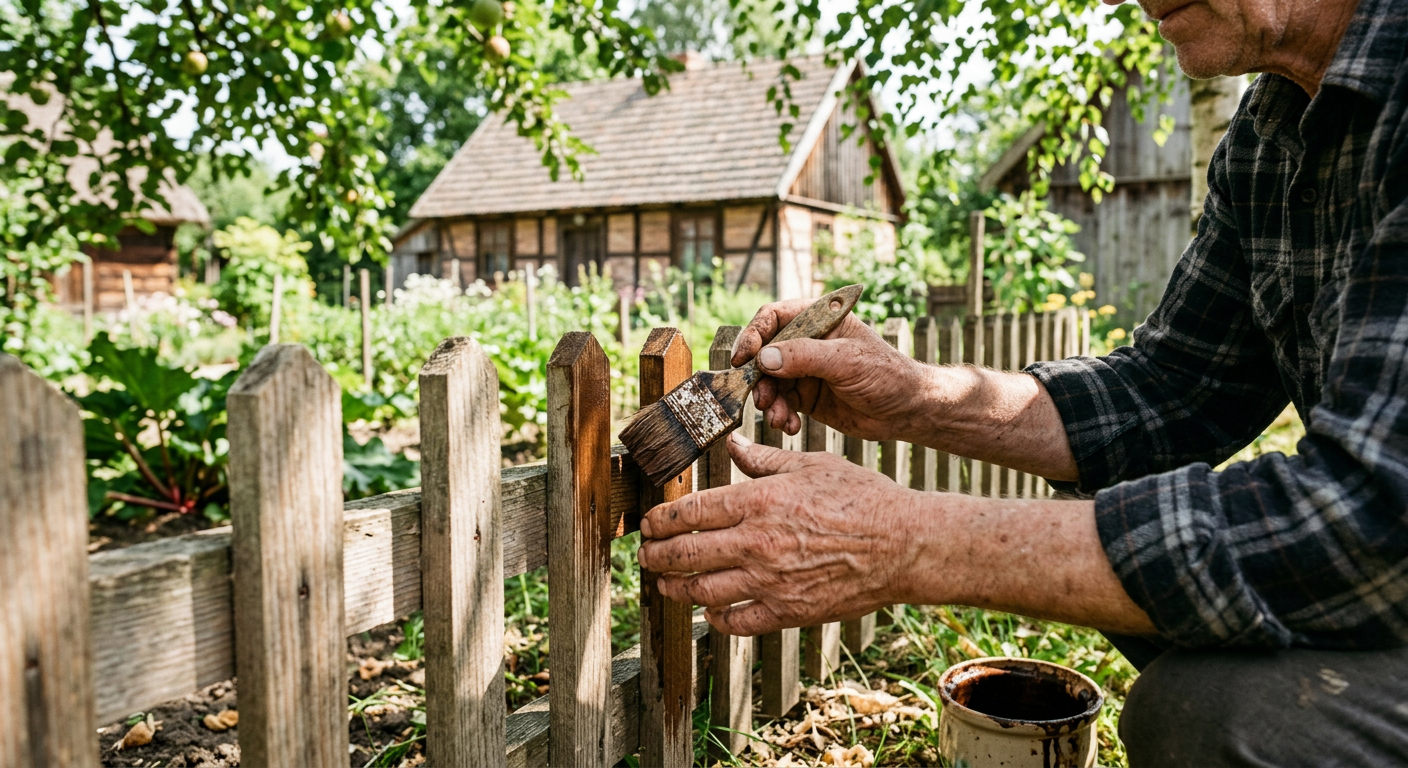 A close-up shot of a wooden fence with a hand applying a protective coating, suggesting maintenance.